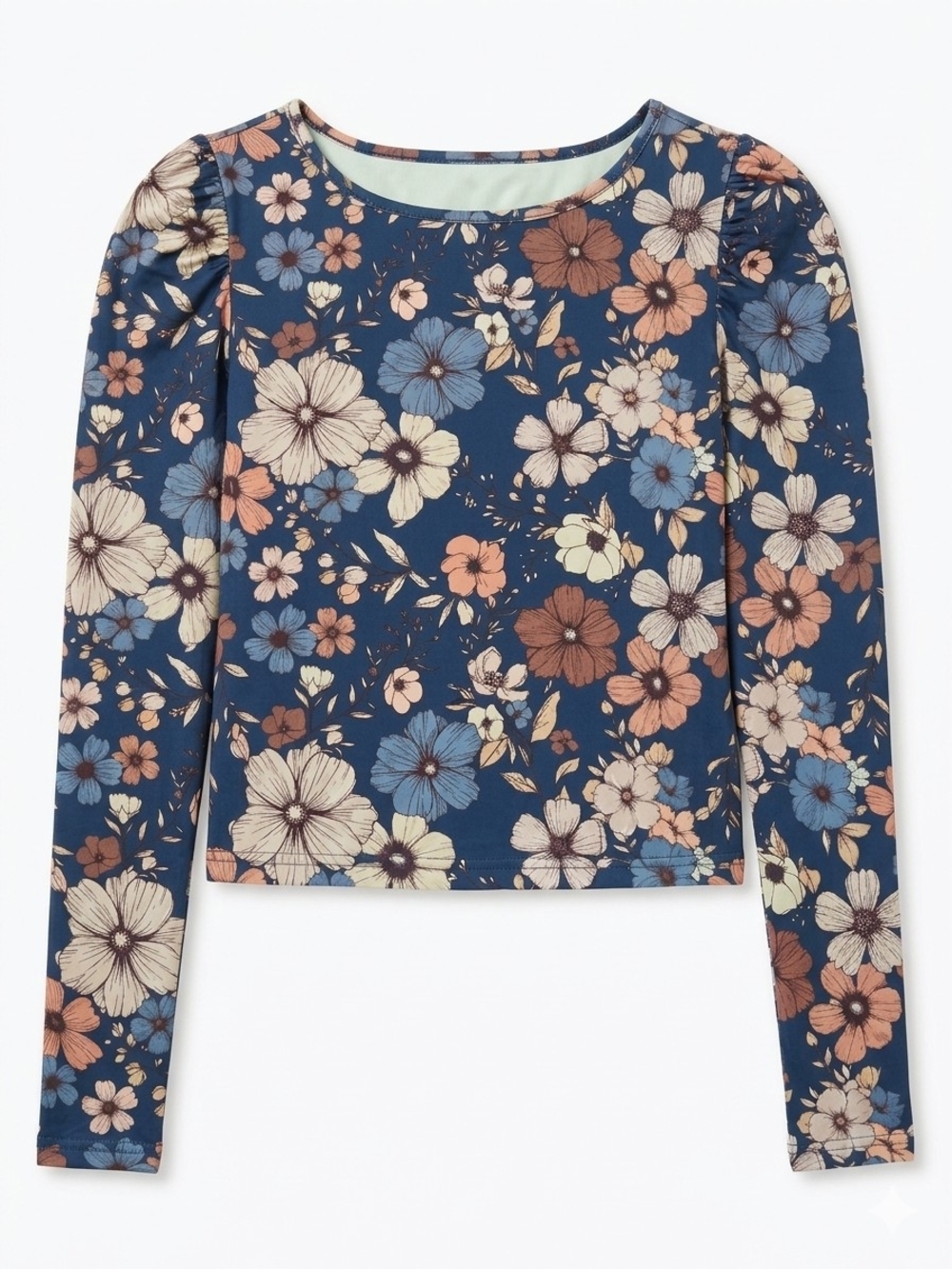 SHEIN Navy Floral Puff-Sleeve Long Sleeve Top